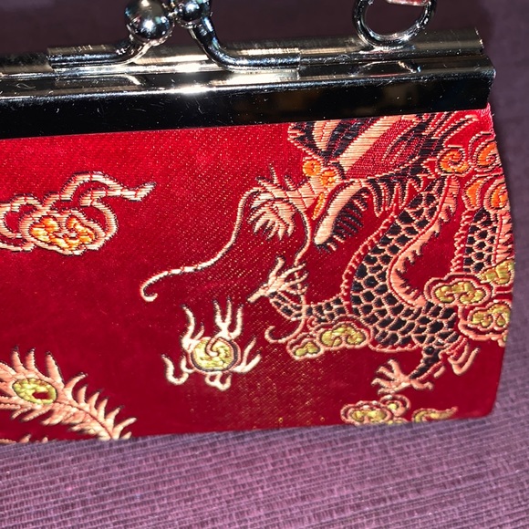 Asian Mini Red Silk Golden Dragon Snap Button Purse 4”H x 2”W x 5.5” L - Picture 7 of 13